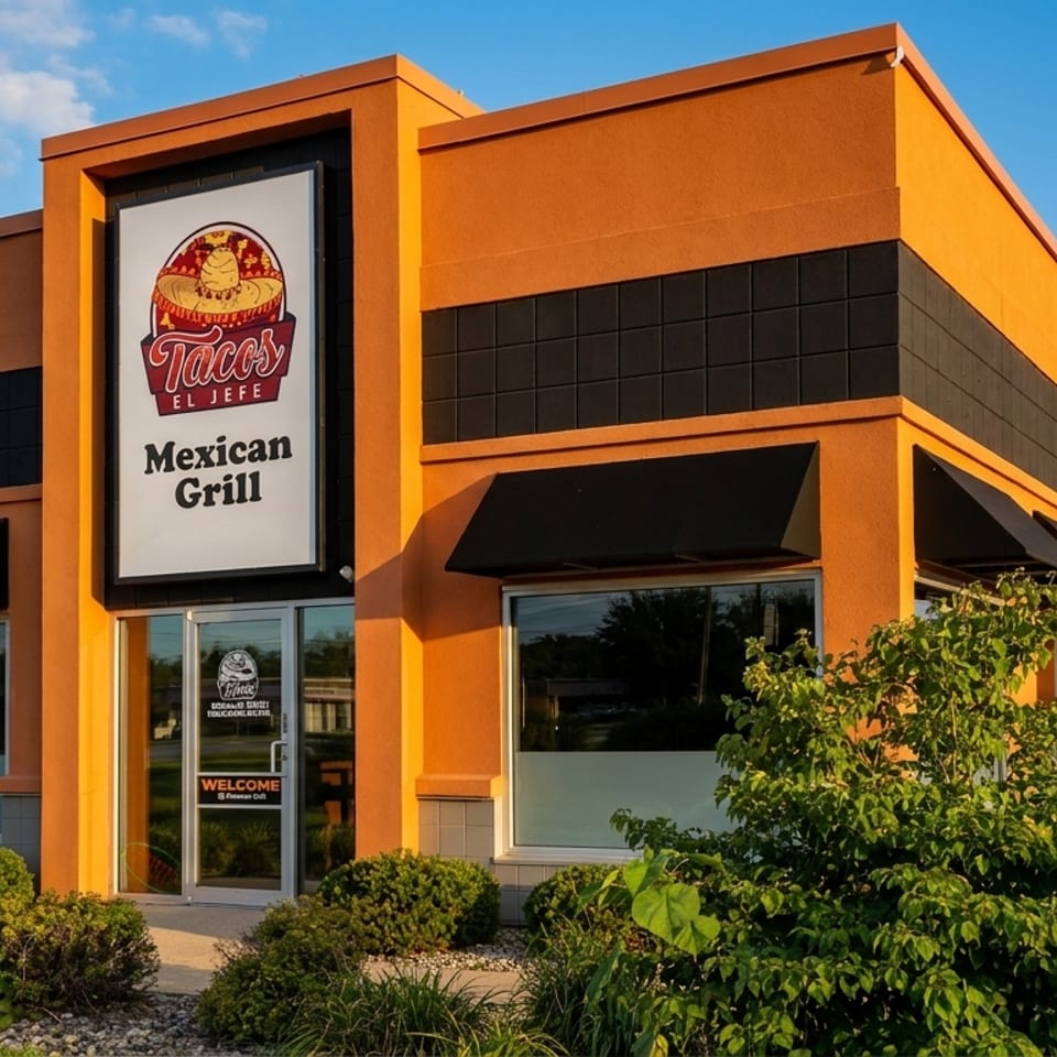 Exterior of Tacos El Jefe Mexican Grill, an orange building with black awnings and a large sign.