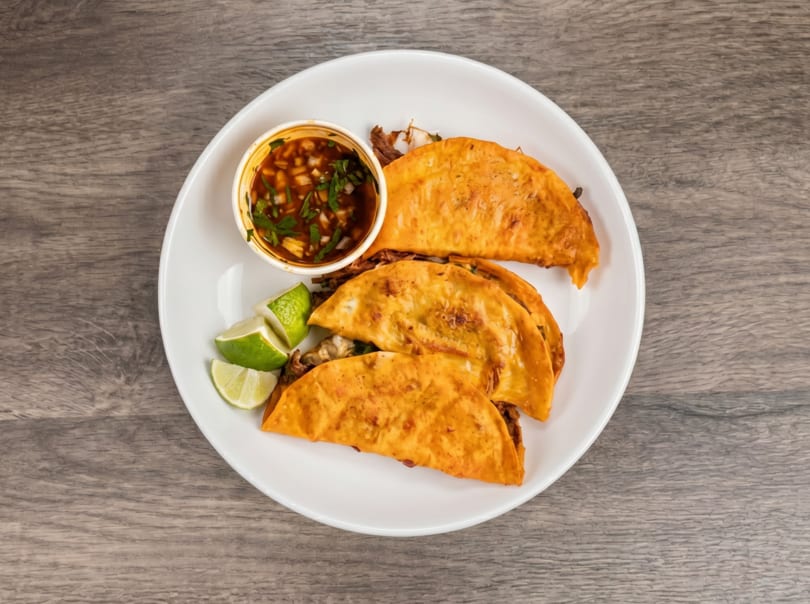 Three golden-fried tacos with a side of consome and lime wedges on a white plate.