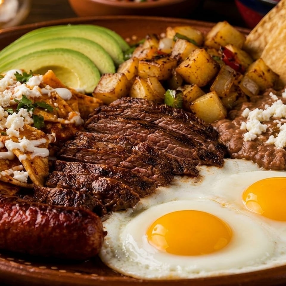 A large platter of Mexican breakfast food including steak, eggs, sausage, chilaquiles, and beans.