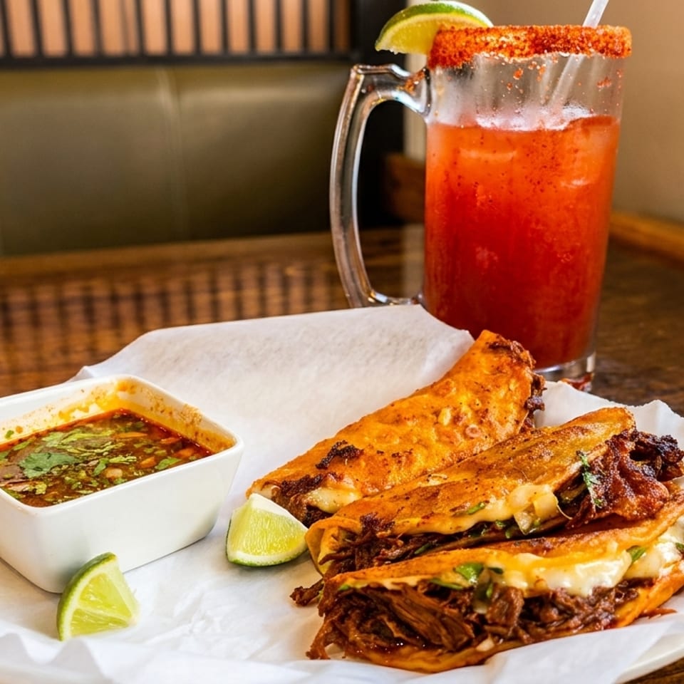 Three birria tacos with melted cheese, a side of consommé, and a michelada on a wooden table.