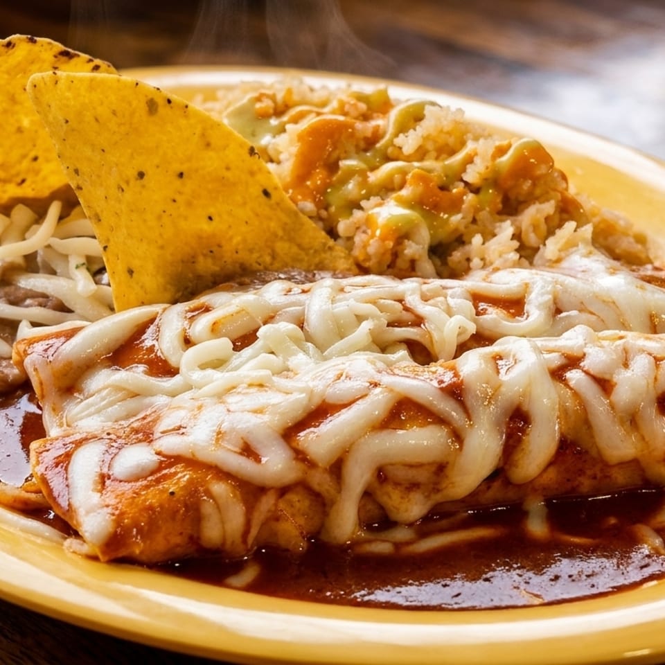 Steaming enchiladas with melted cheese, rice, refried beans, and tortilla chips on a yellow plate.